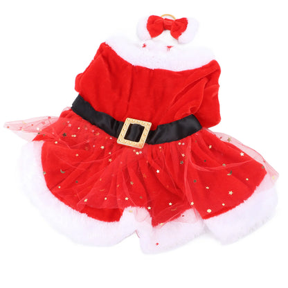 Pet Christmas Costume Fun Cute Father Christmas Dog Cat Christmas Clothing with Bow Headdress for Christmas Theme Party Cosplay
